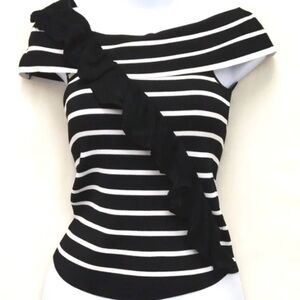 Off-Shoulder Black & White Striped Ruffle-Trim Camisole